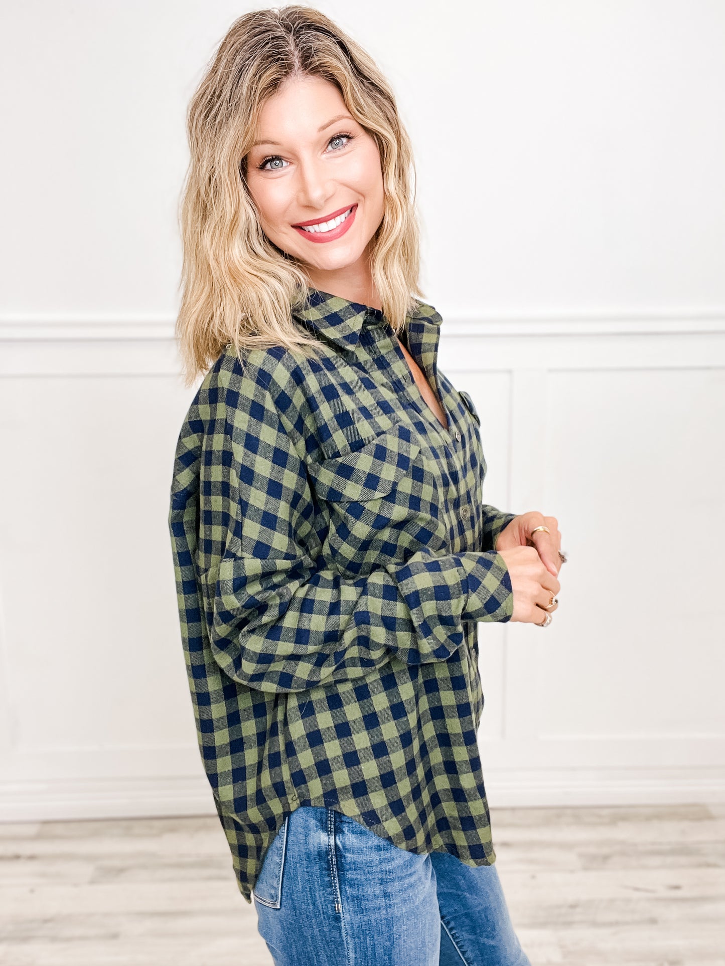 Oversized Button Down Plaid Shacket with Rounded Hemline