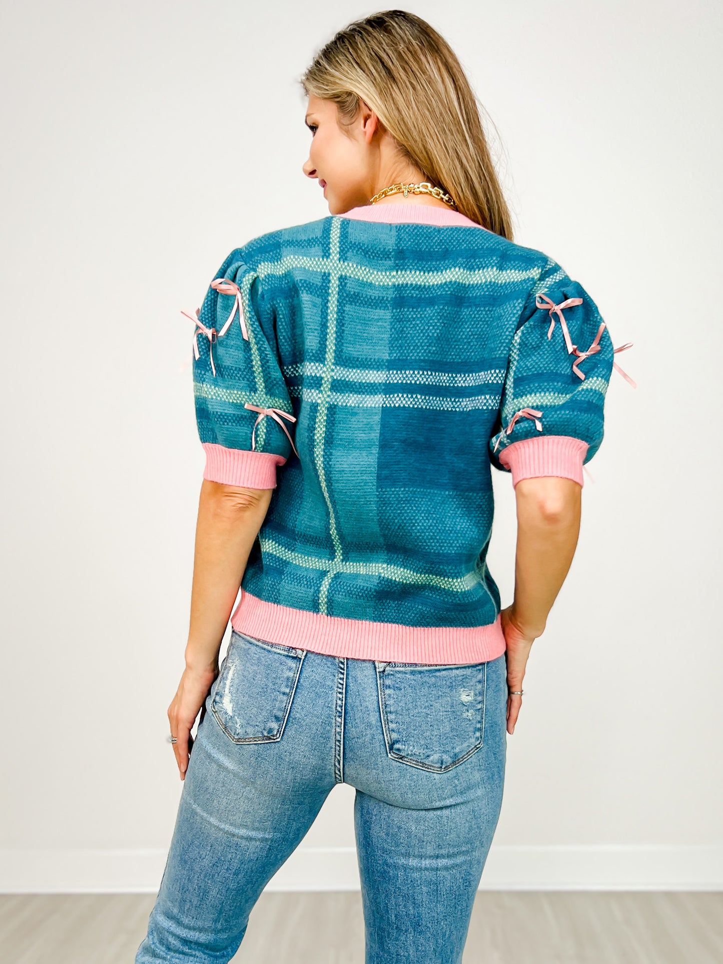Turquoise Plaid Sweater with Puff Sleeves