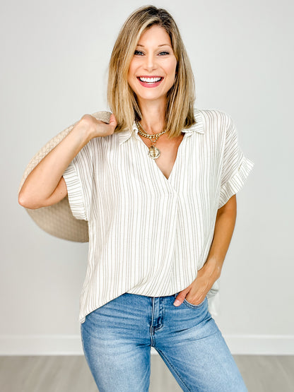 Striped Collared Pintuck Detail Cuff Sleeve Top