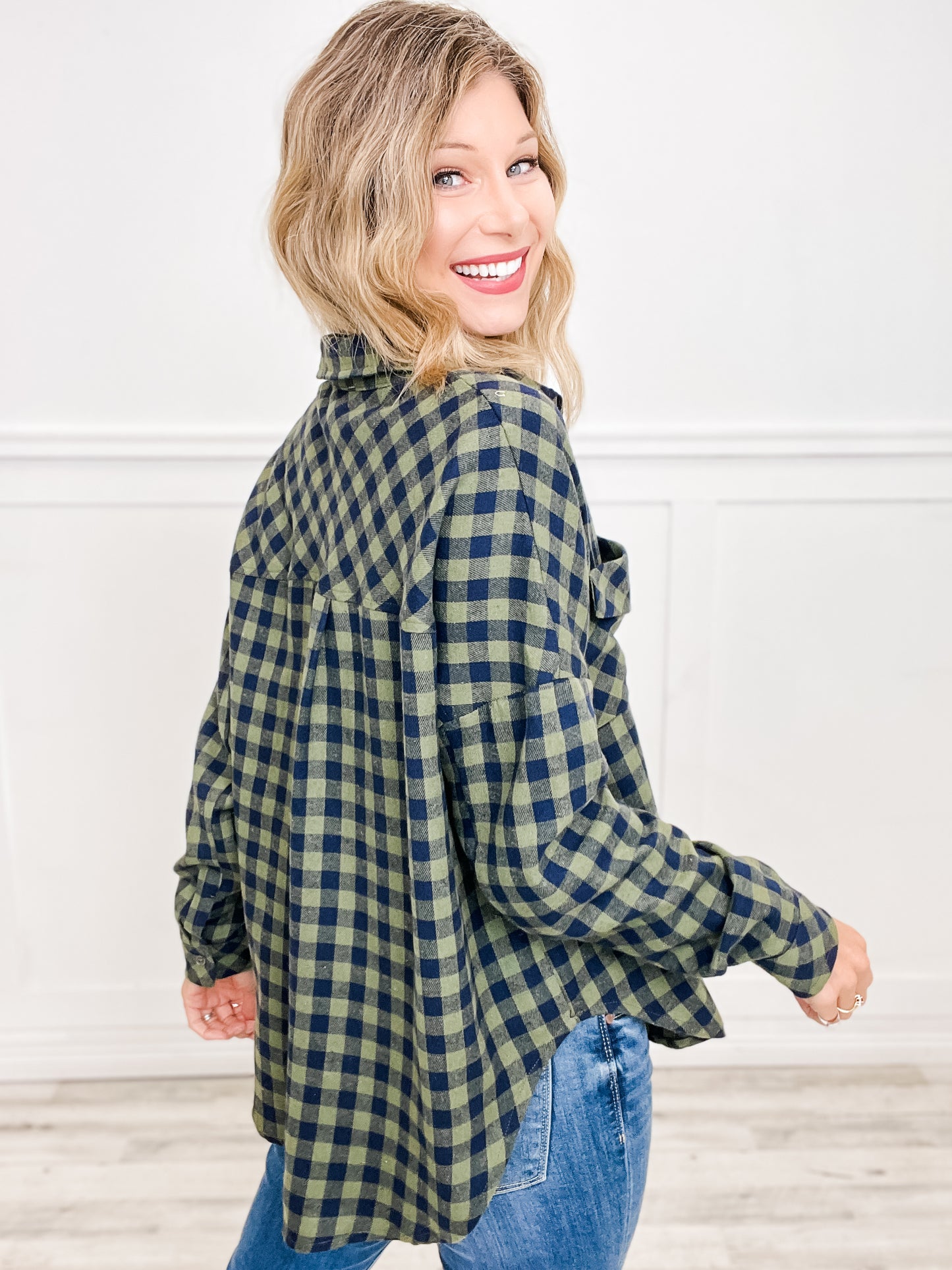 Oversized Button Down Plaid Shacket with Rounded Hemline