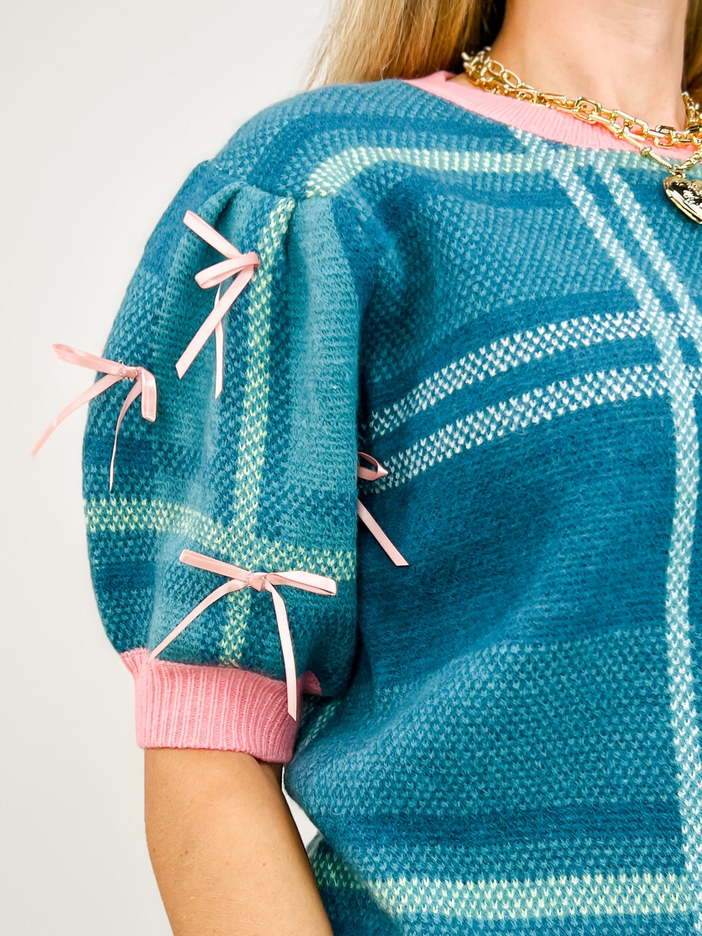 Turquoise Plaid Sweater with Puff Sleeves