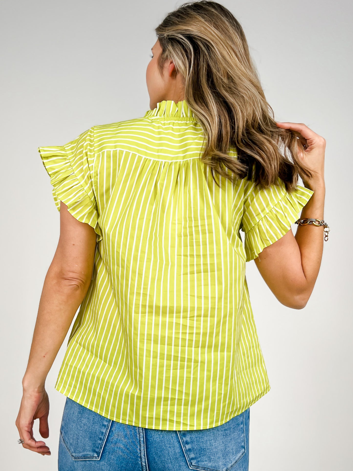Striped Short Sleeve Top with Ruffle Neckline and Sleeves