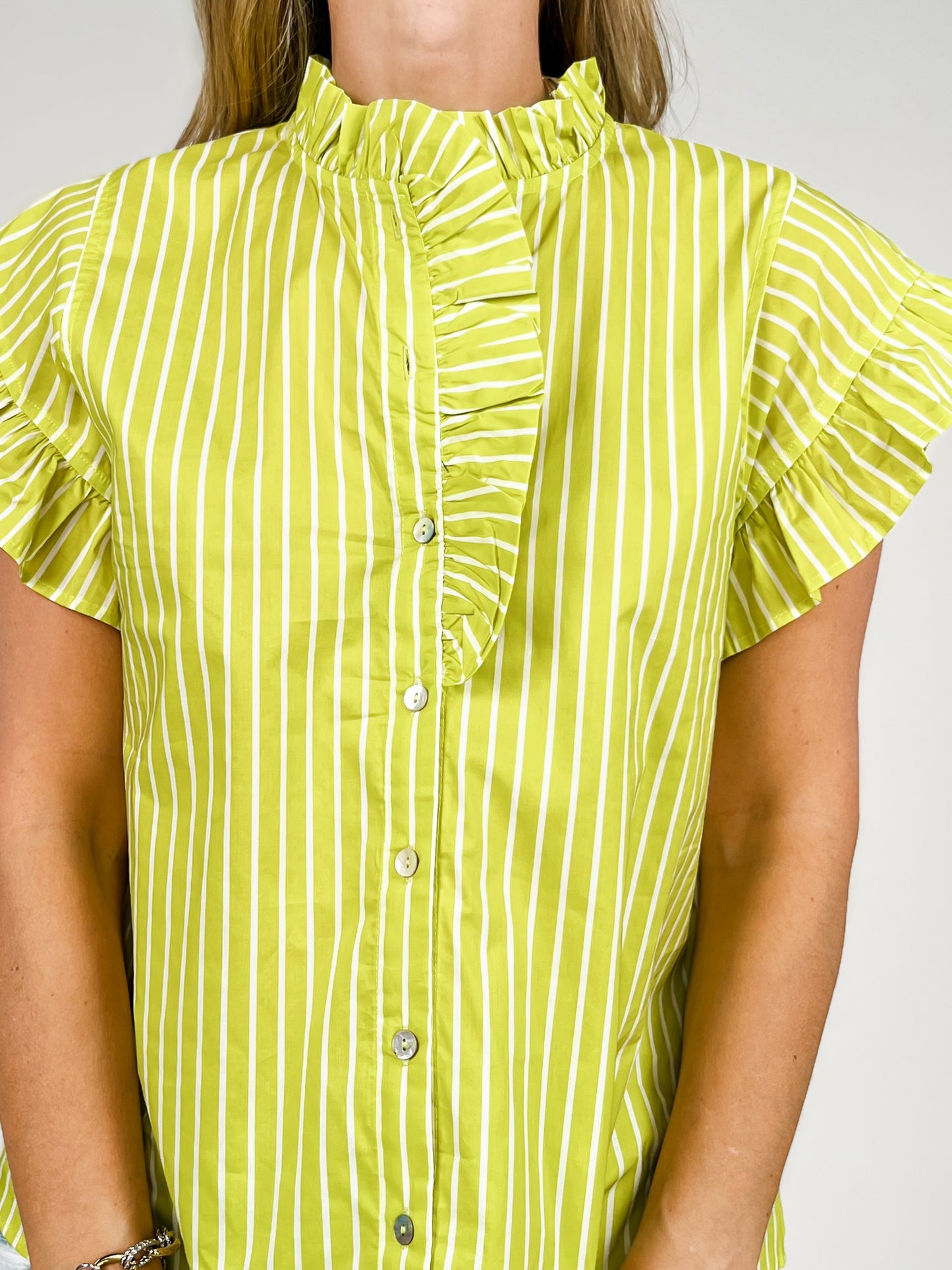 Striped Short Sleeve Top with Ruffle Neckline and Sleeves