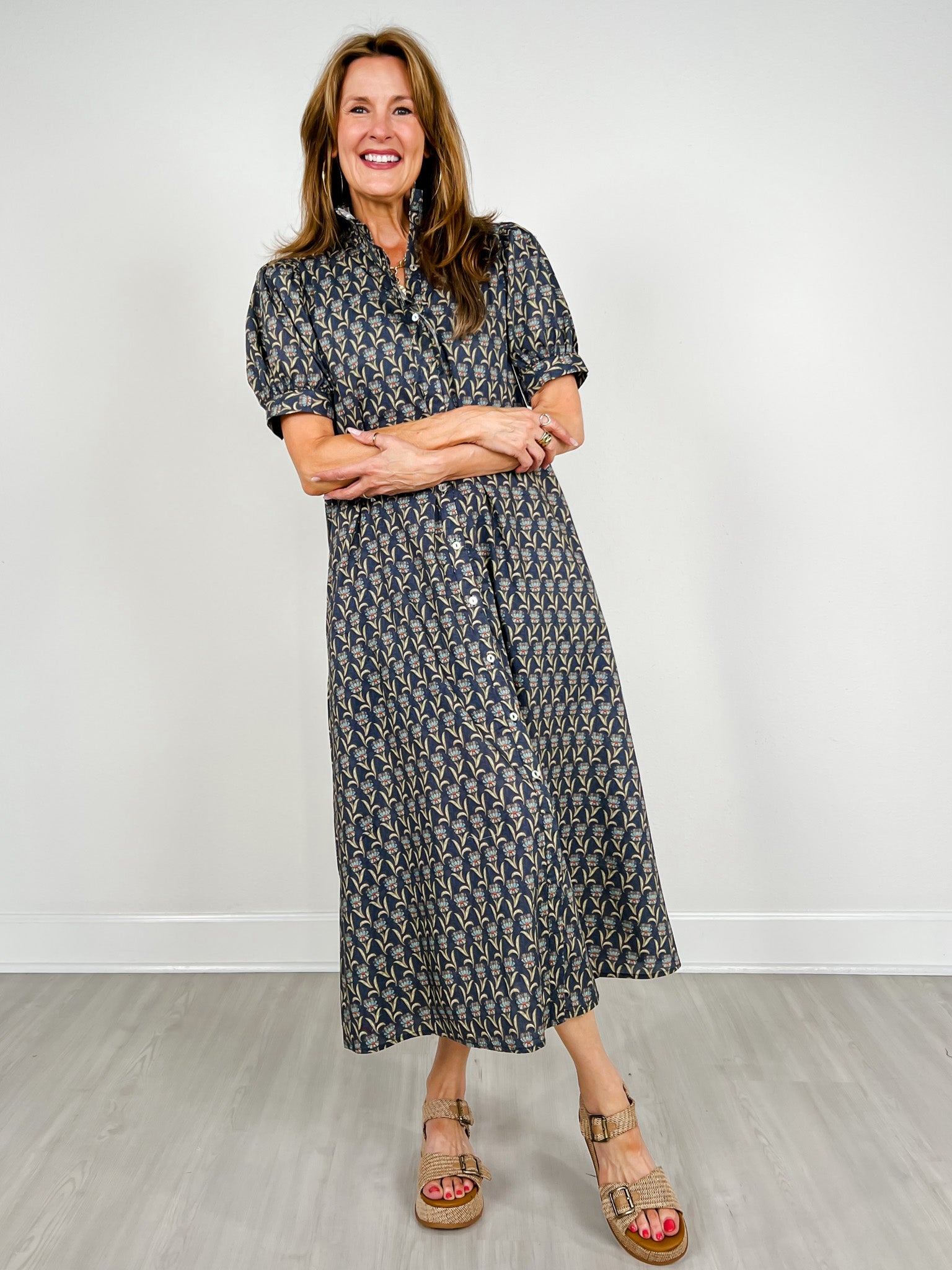 Floral Print Short Puff Sleeve Midi Dress