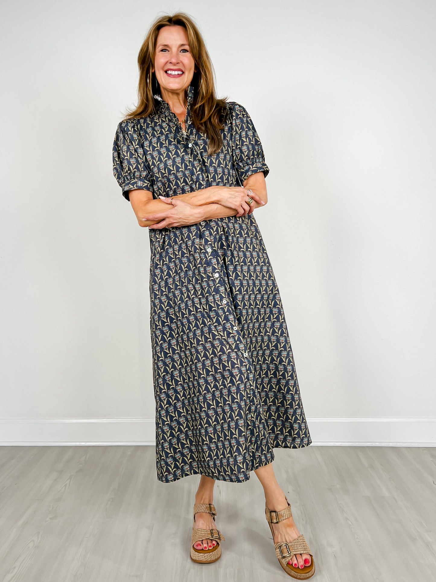 Floral Print Short Puff Sleeve Midi Dress