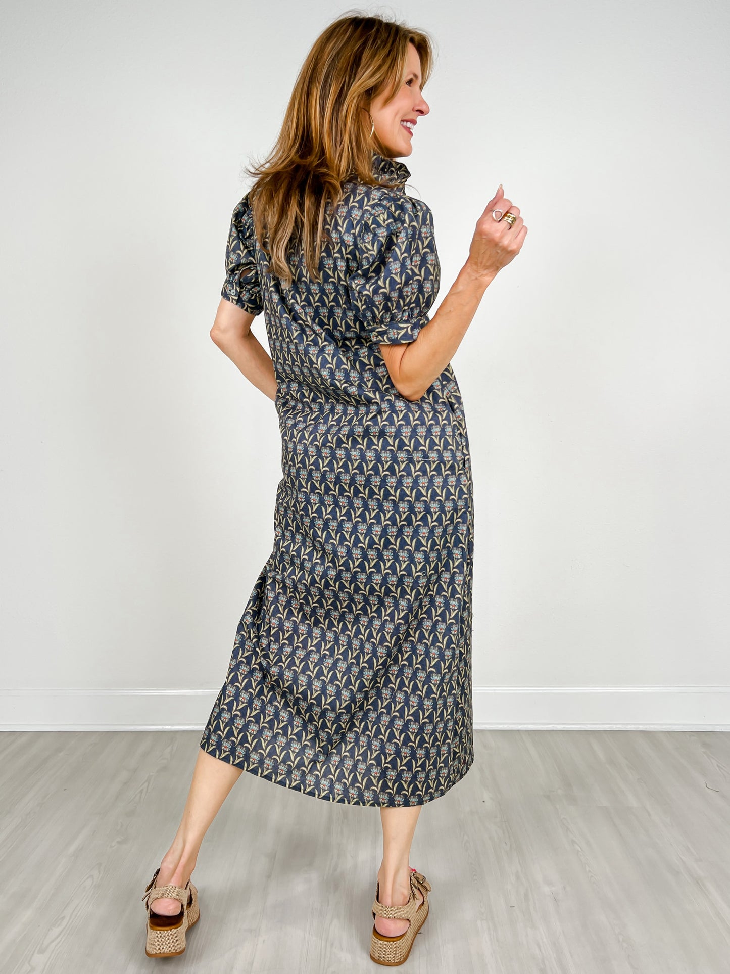 Floral Print Short Puff Sleeve Midi Dress