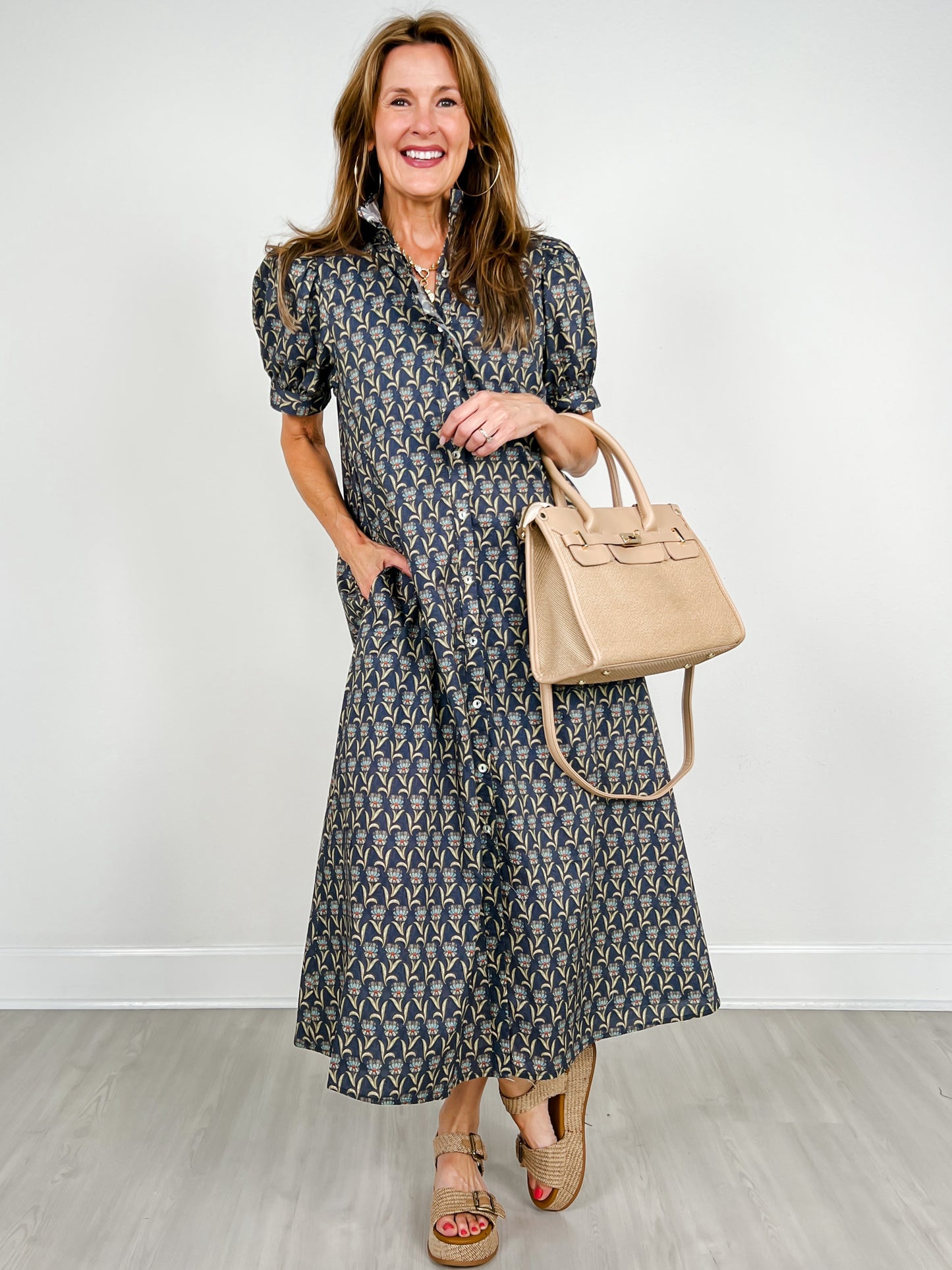 Floral Print Short Puff Sleeve Midi Dress