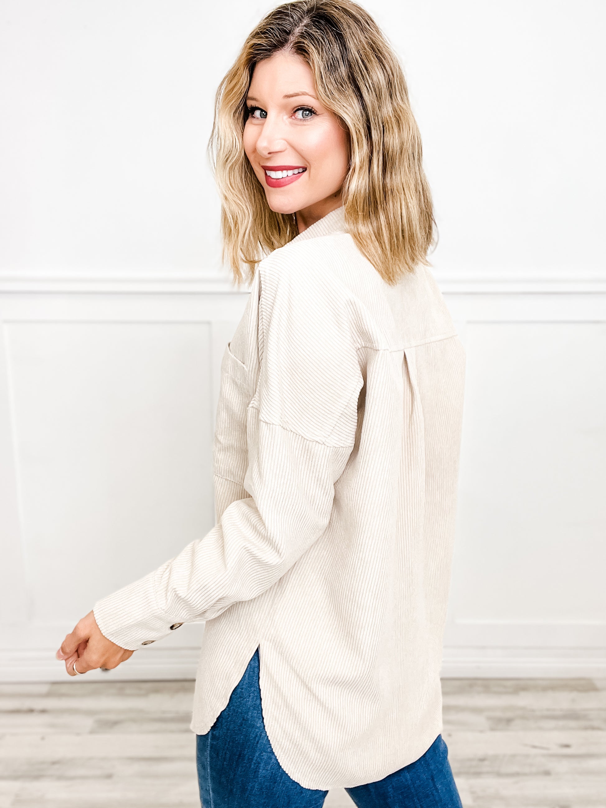 Oversized Corduroy Button Down Tunic Top