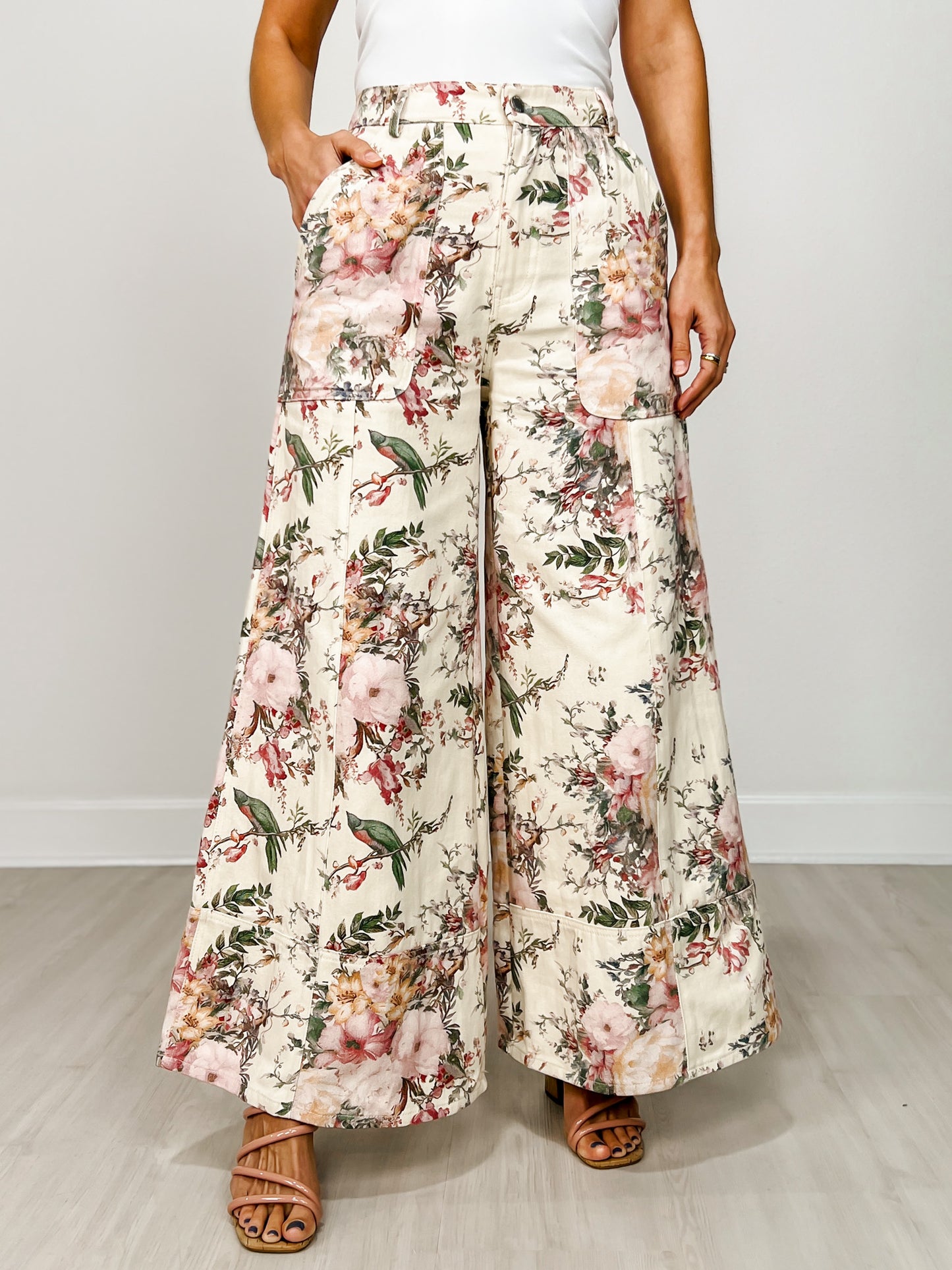 High Waist Wide Leg Pants with Roomy Front Pockets in Cream Floral