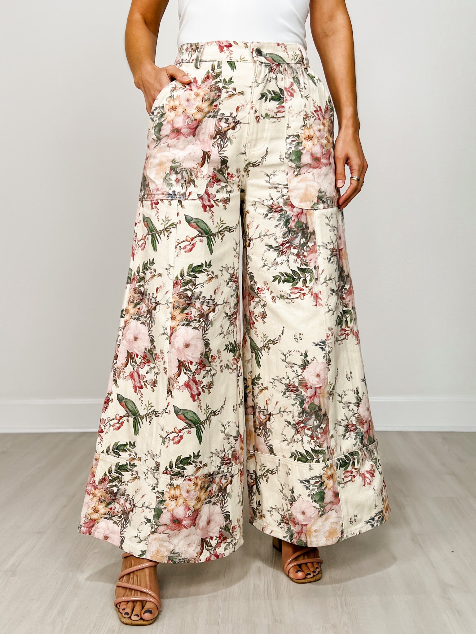 High Waist Wide Leg Pants with Roomy Front Pockets in Cream Floral
