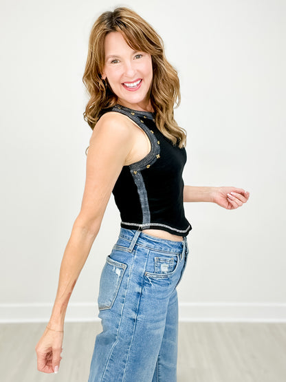 Round Neck Sleeveless Slub Textured Knit Crop Top