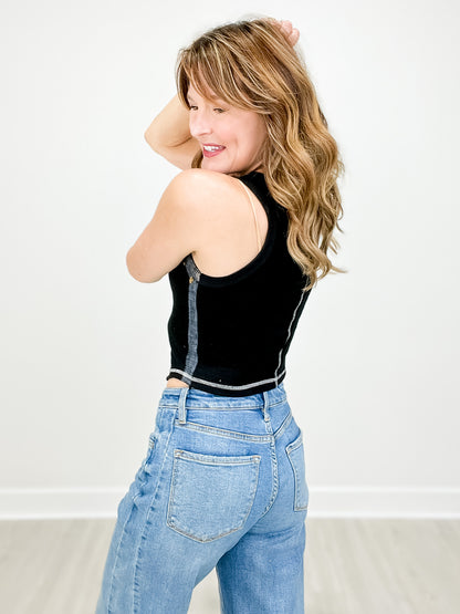 Round Neck Sleeveless Slub Textured Knit Crop Top