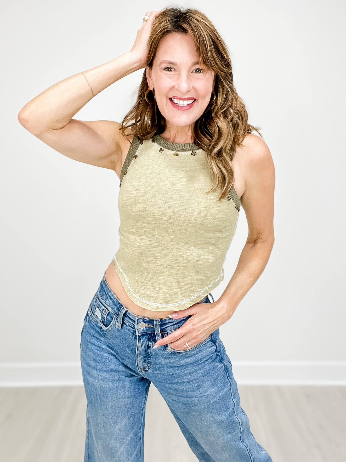 Round Neck Sleeveless Slub Textured Knit Crop Top