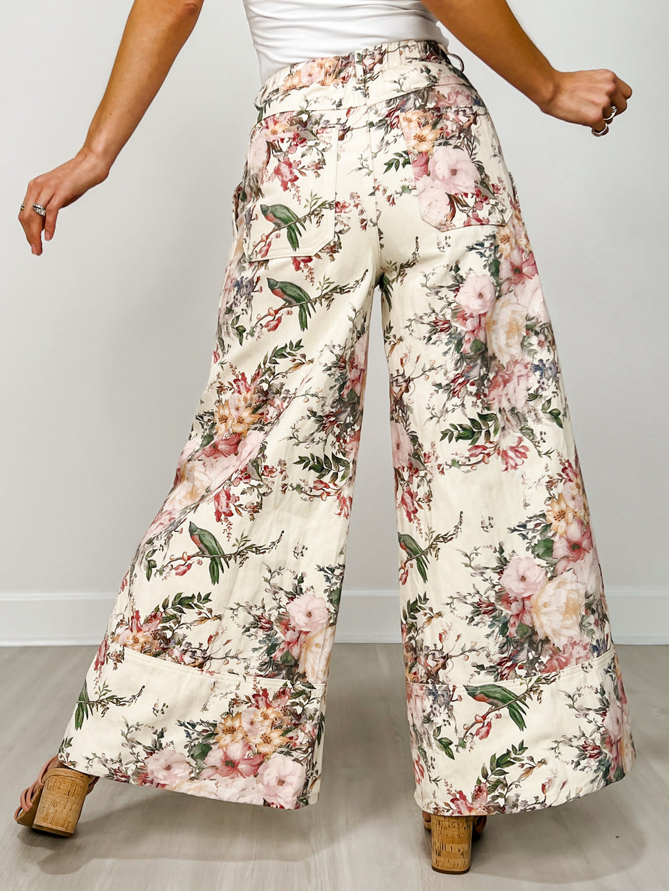 High Waist Wide Leg Pants with Roomy Front Pockets in Cream Floral