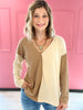 Brushed Cord Rib Knit Color Block V-Neck Top