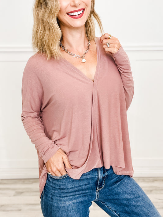 Super Soft Oversized Knit Top with V-Neckline and Front Wrap Detail