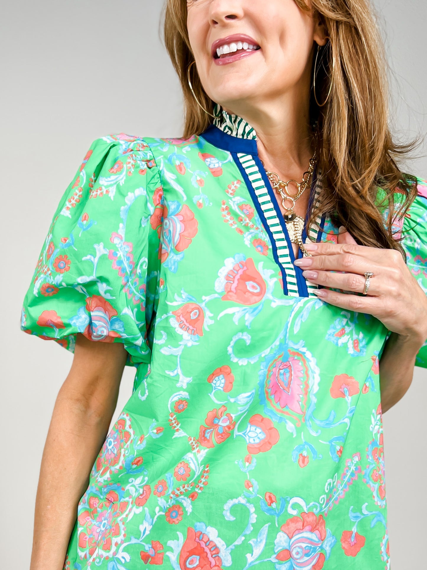 Botanical Print Short Puff Sleeve Top