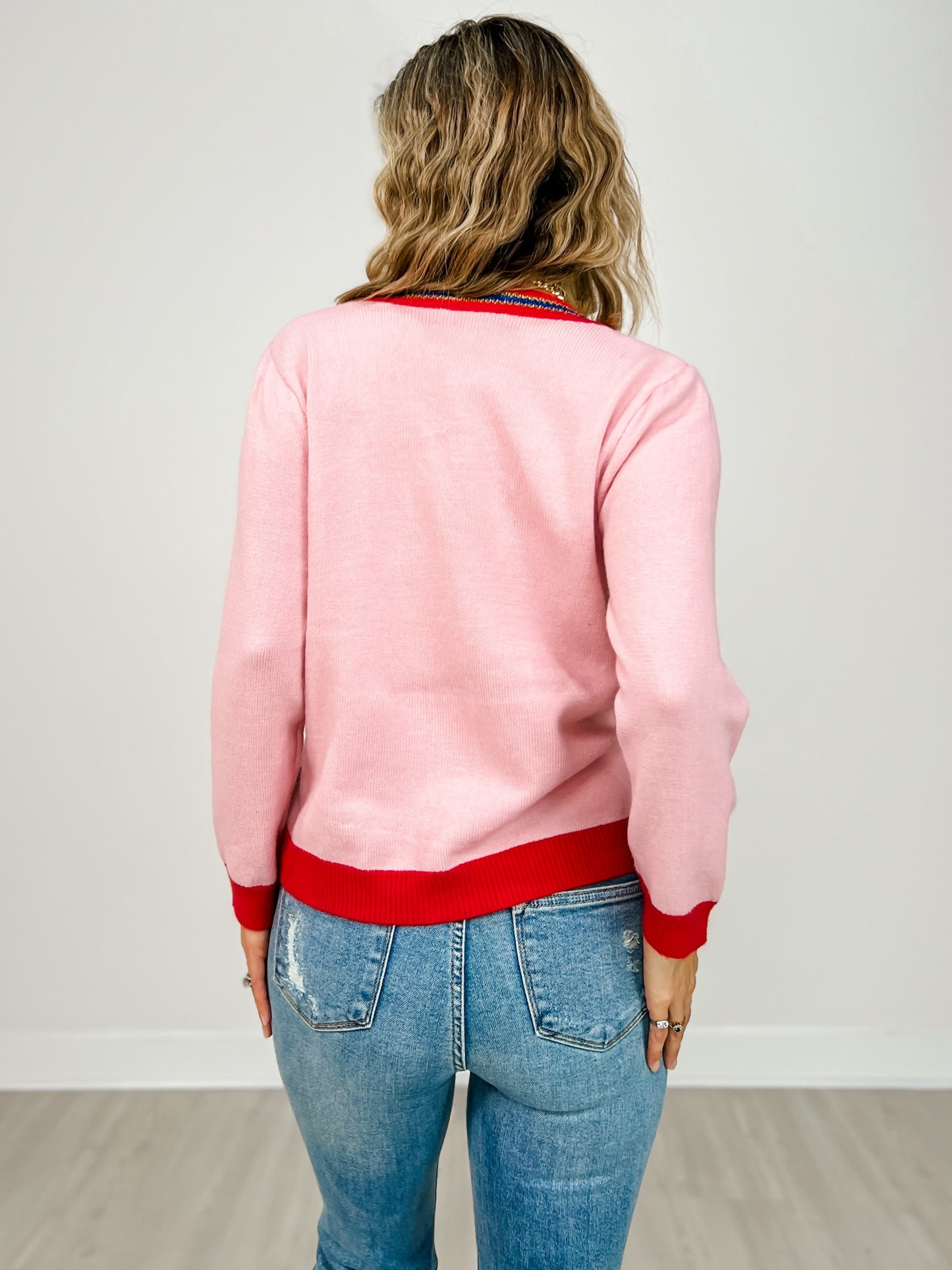 Pink Cardigan with Champagne Bottle Patches
