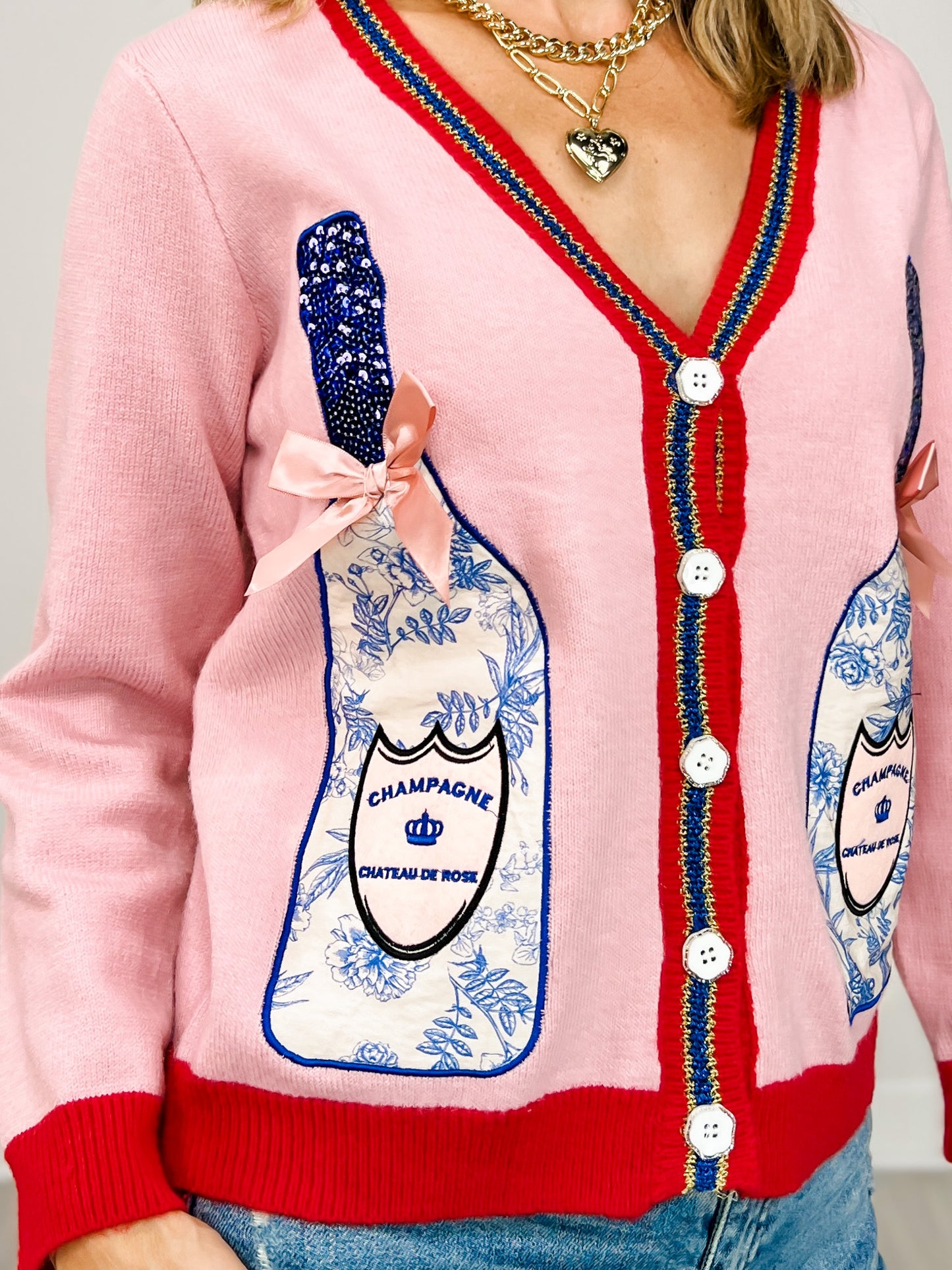 Pink Cardigan with Champagne Bottle Patches