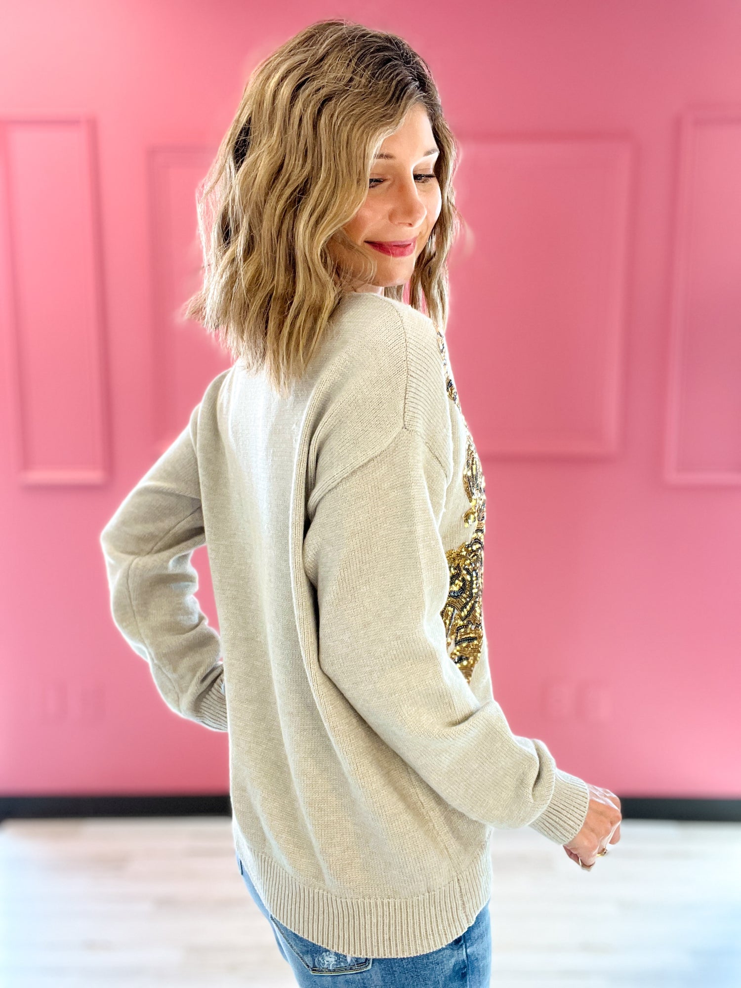 Sequin Tiger Patch V-Neck Sweater Cardigan