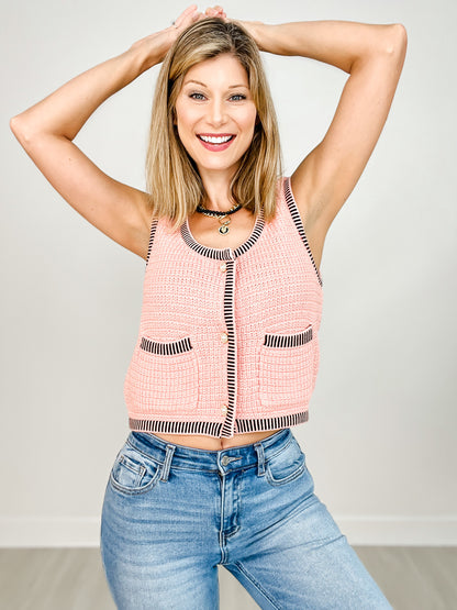 Button Down Textured Sweater Vest Top With Pockets