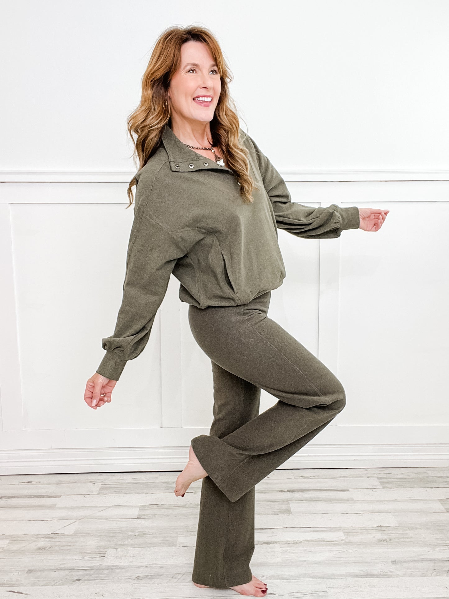 Ribbed Top with Button Closure and Straight Pants Set in Olive