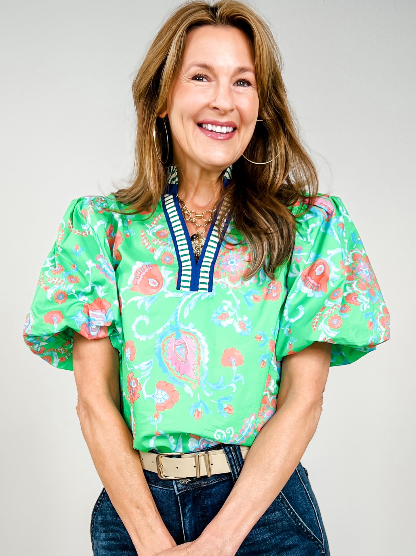 Botanical Print Short Puff Sleeve Top