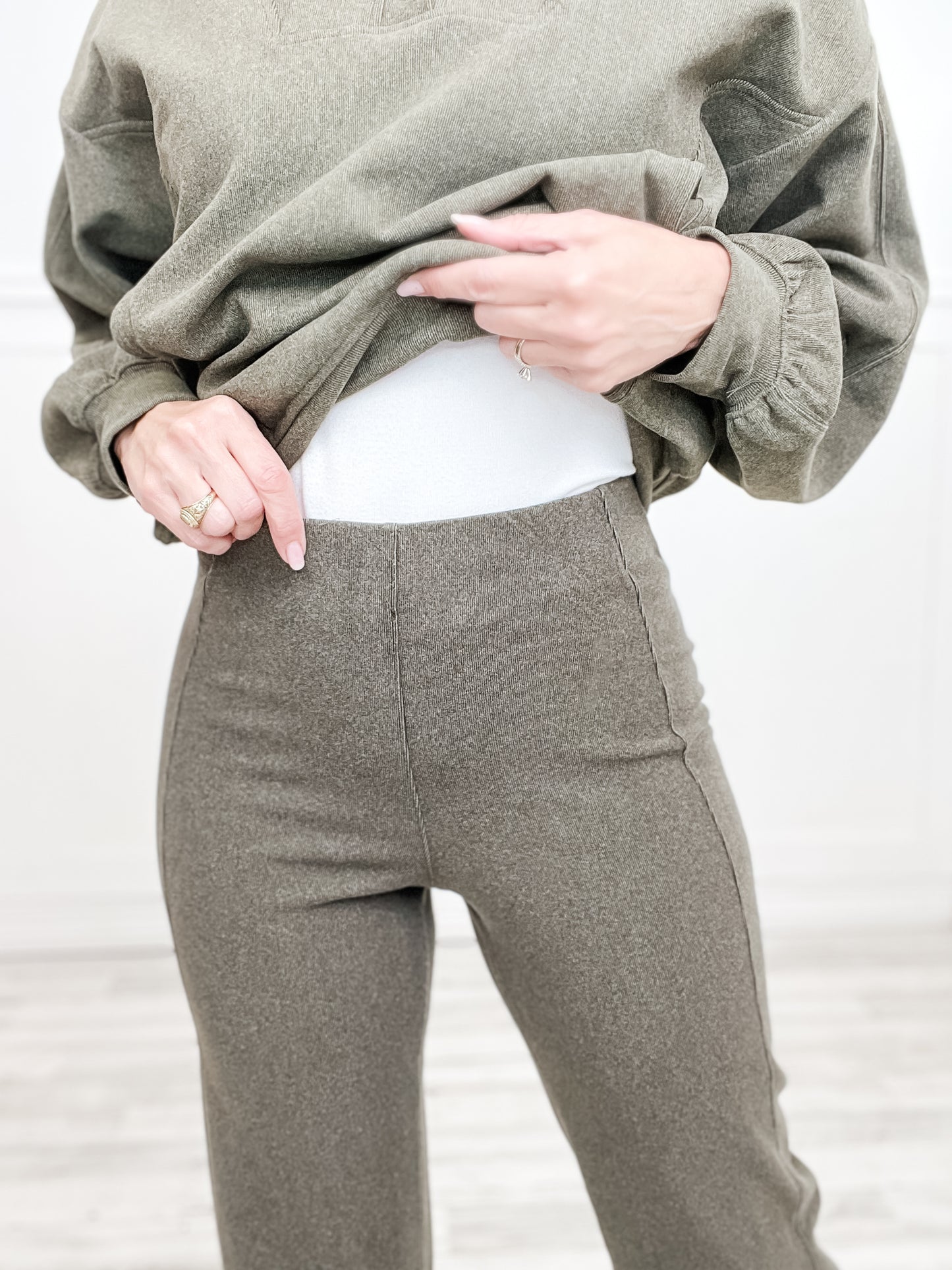 Ribbed Top with Button Closure and Straight Pants Set in Olive