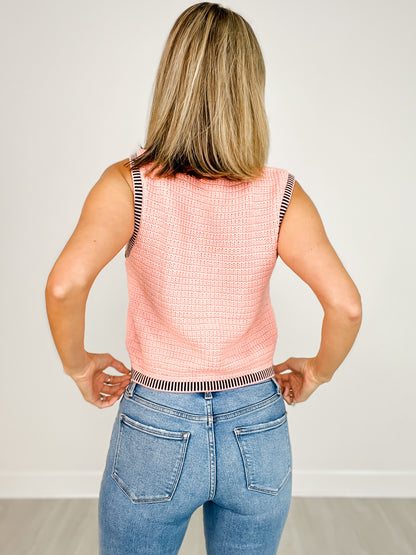 Button Down Textured Sweater Vest Top With Pockets