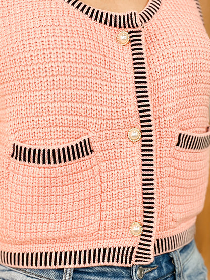 Button Down Textured Sweater Vest Top With Pockets