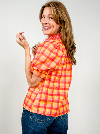 Short Puff Sleeve Plaid Top with Striped Collar
