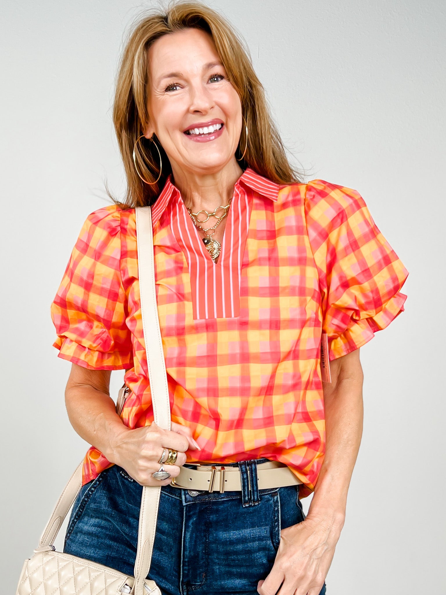 Short Puff Sleeve Plaid Top with Striped Collar