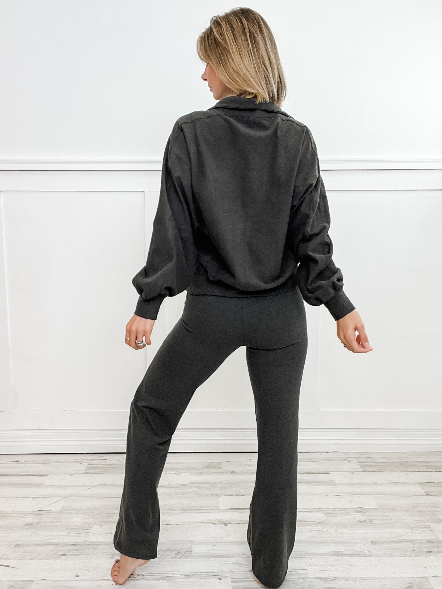 Ribbed Top with Button Closure and Straight Pants Set in Black