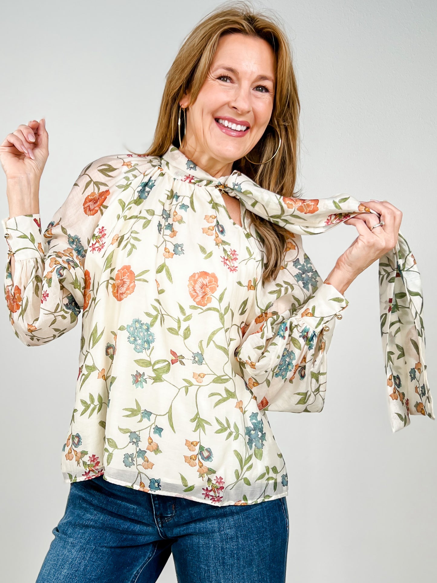 Floral Print Long Sleeve Top with Self Tie Neck