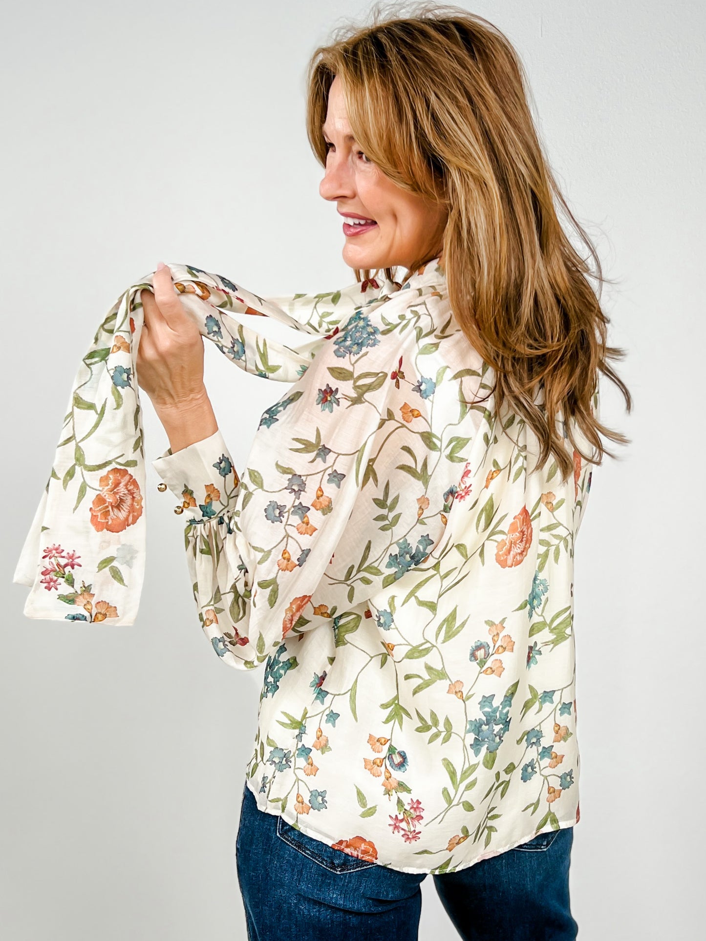 Floral Print Long Sleeve Top with Self Tie Neck