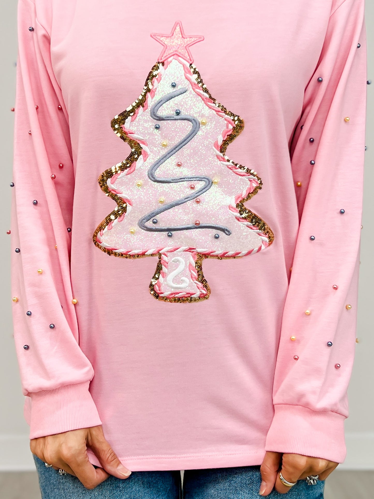 Christmas Cookie Patch on Pink Long-Sleeve Shirt