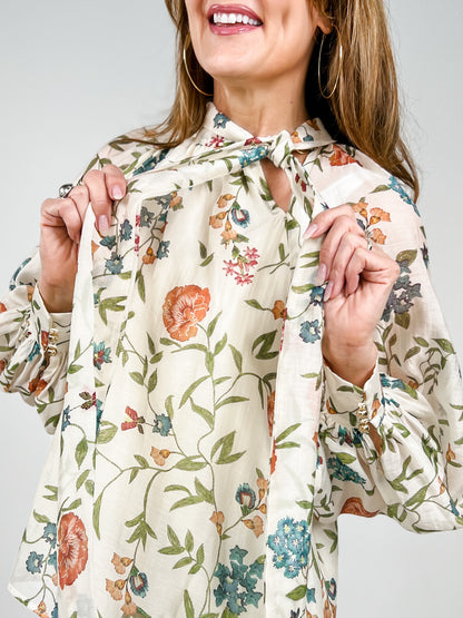 Floral Print Long Sleeve Top with Self Tie Neck
