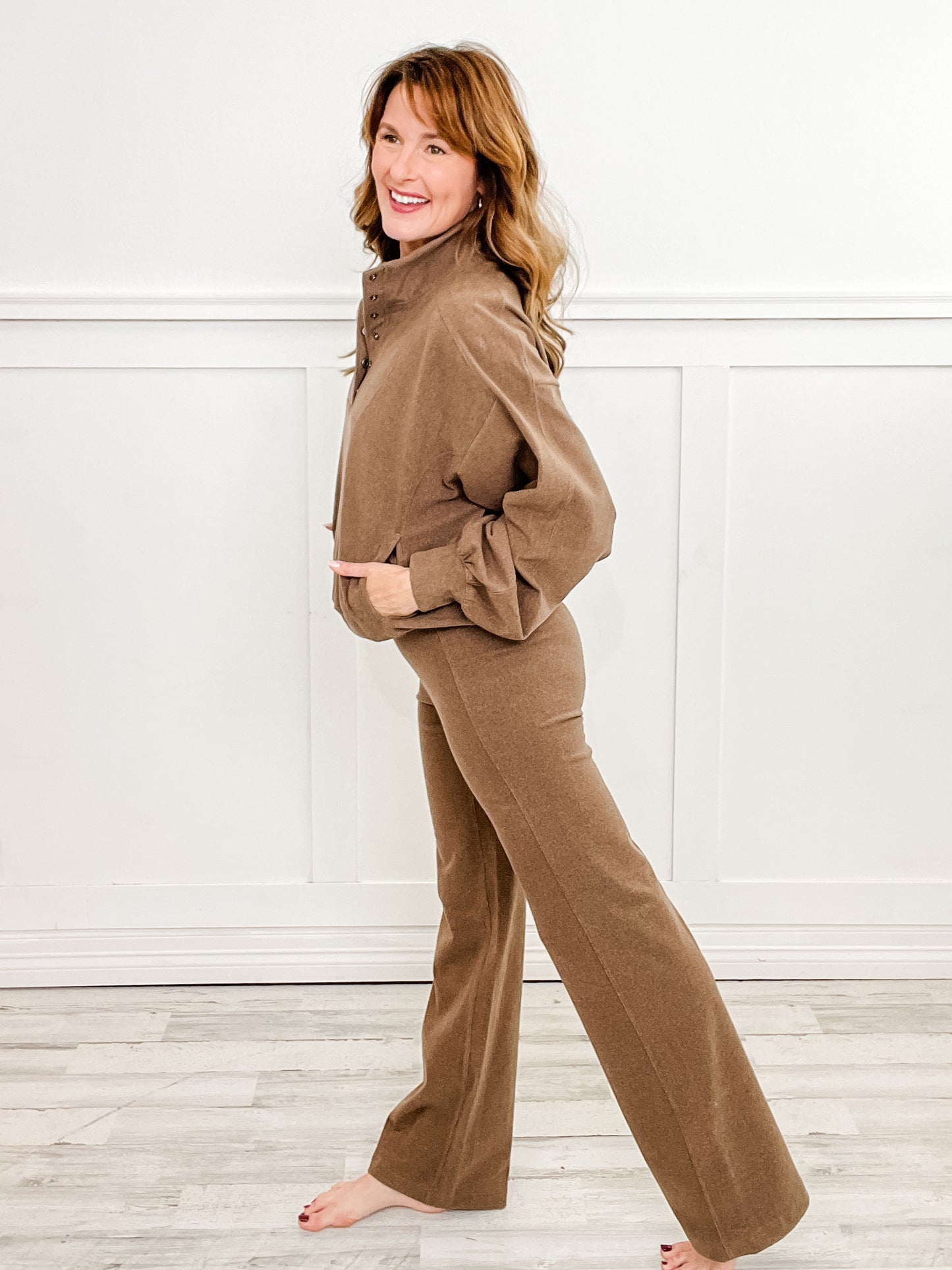 Ribbed Top with Button Closure and Straight Pants Set in Brown