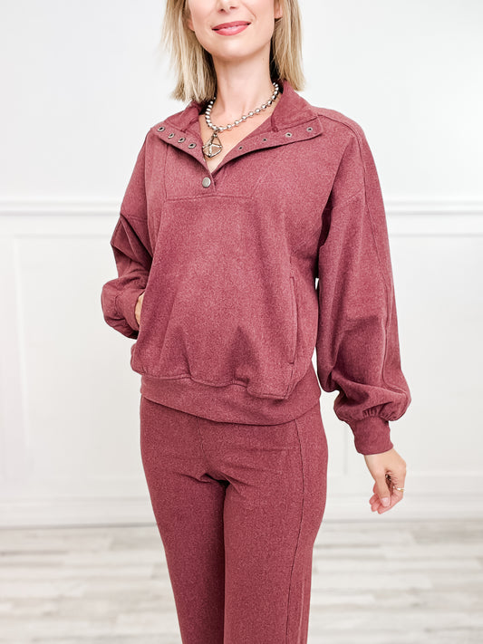 Ribbed Top with Button Closure and Straight Pants Set in Wine