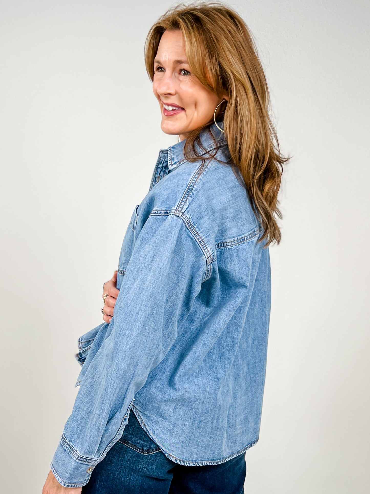 Washed Denim Button Down Top