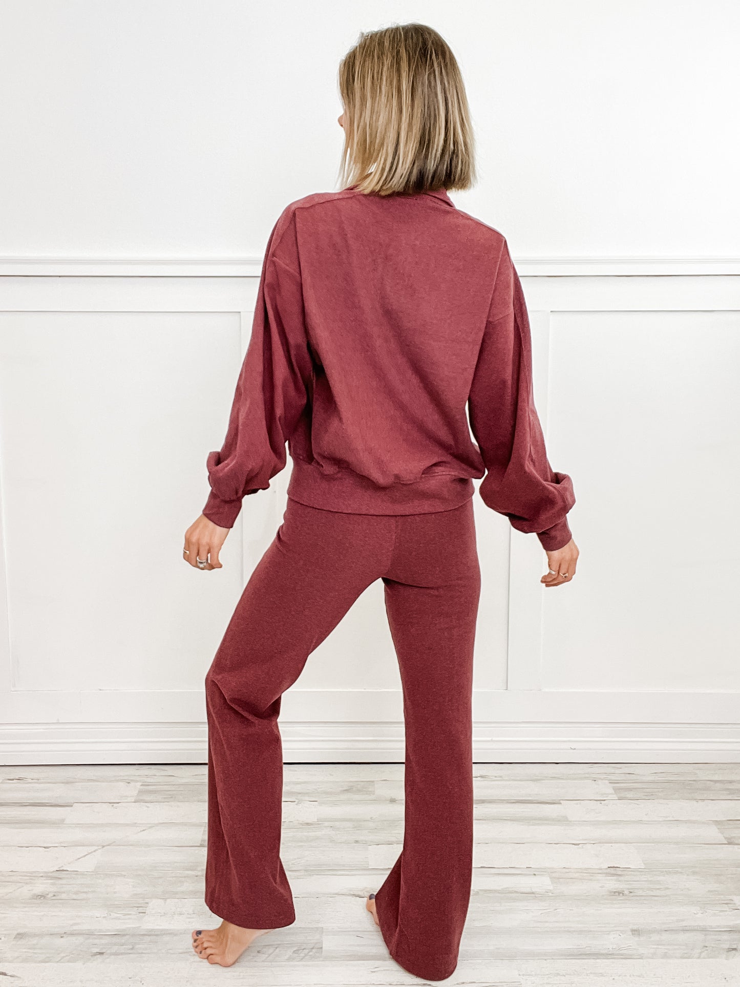 Ribbed Top with Button Closure and Straight Pants Set in Wine