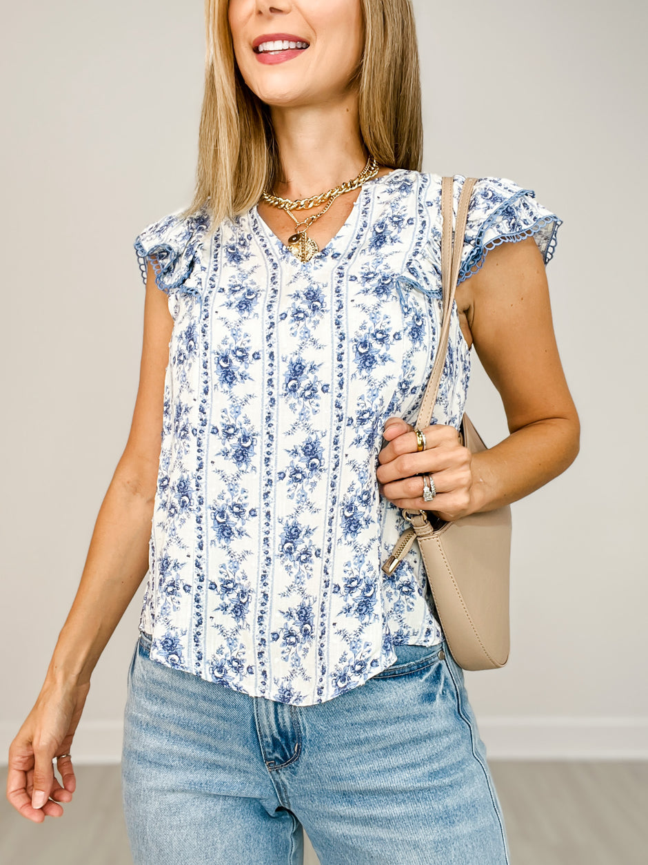 Stripe Floral Split Neck Ruffle Sleeve Top