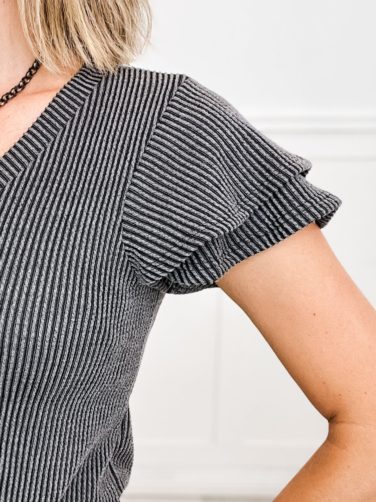 Short Double Layered Sleeve RIbbed V-Neck Top