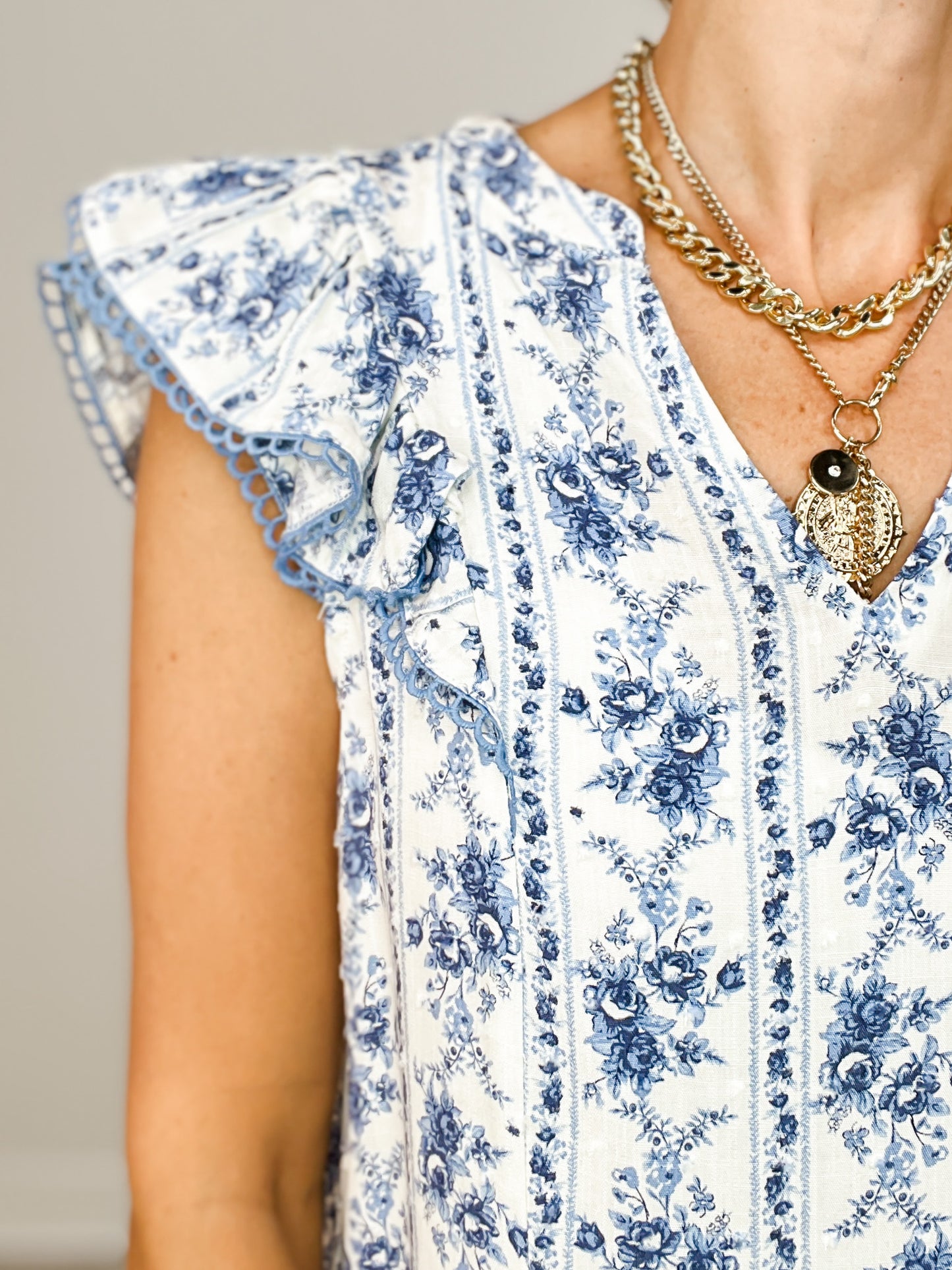 Stripe Floral Split Neck Ruffle Sleeve Top
