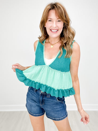 Sleeveless Contrast Thermal Cropped Babydoll Top