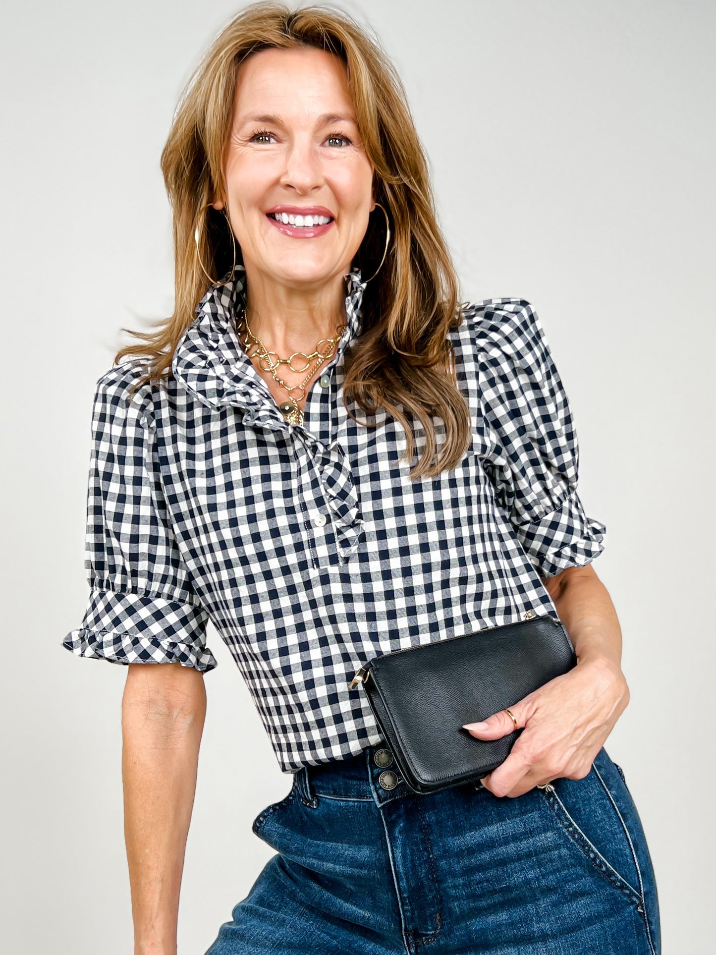 Gingham Short Puff Sleeve Top with Ruffle Detail