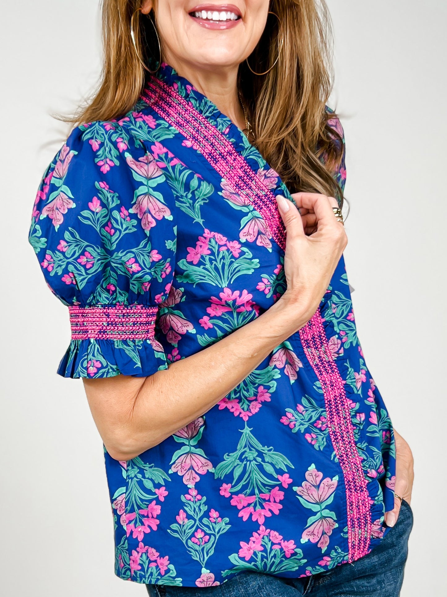 Floral Short Puff Sleeve Top with Ruffle Neckline