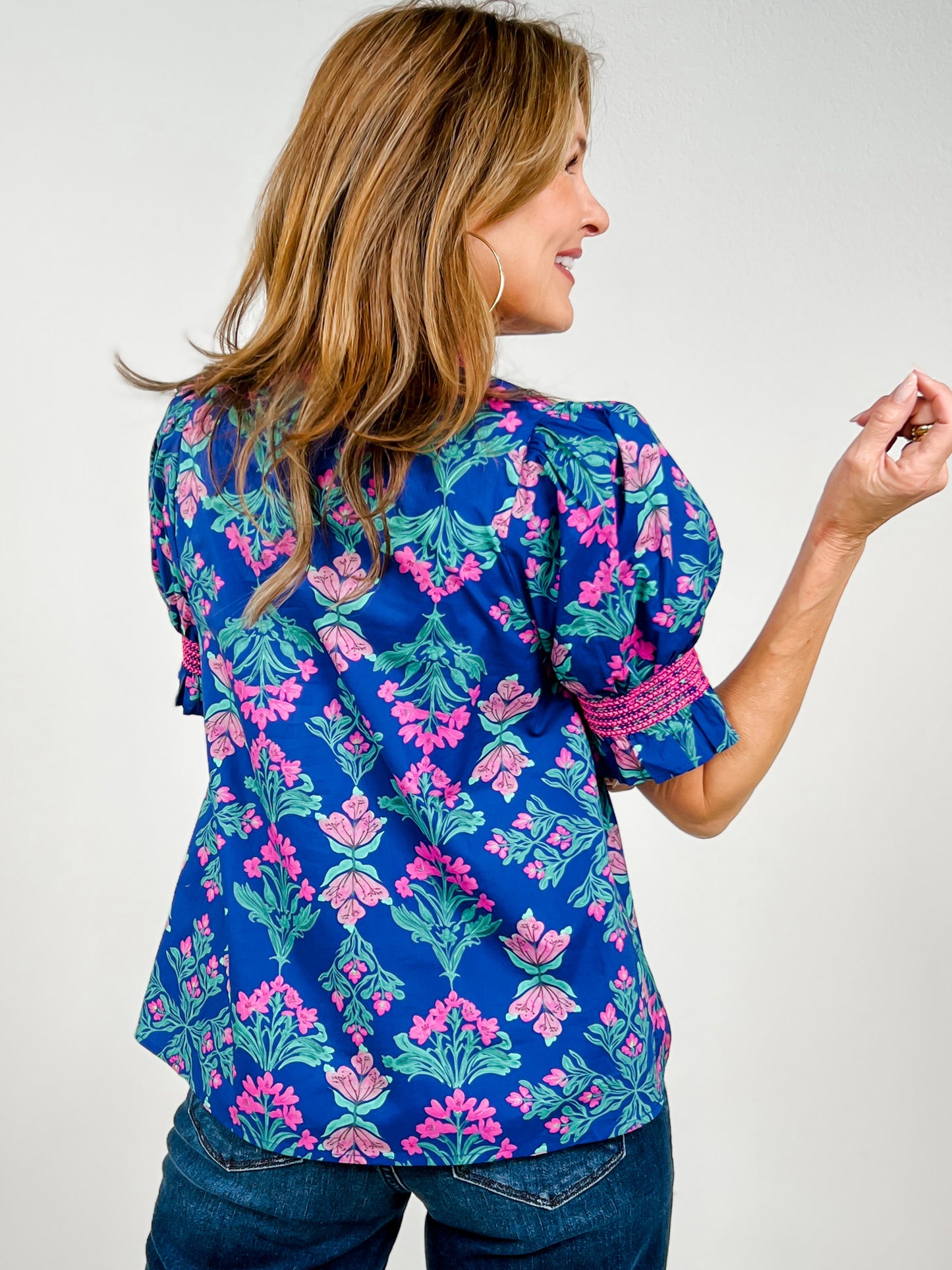 Floral Short Puff Sleeve Top with Ruffle Neckline