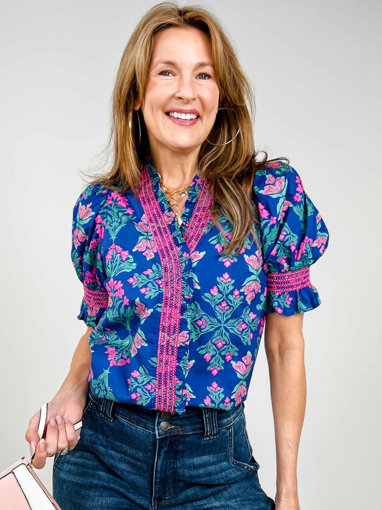 Floral Short Puff Sleeve Top with Ruffle Neckline