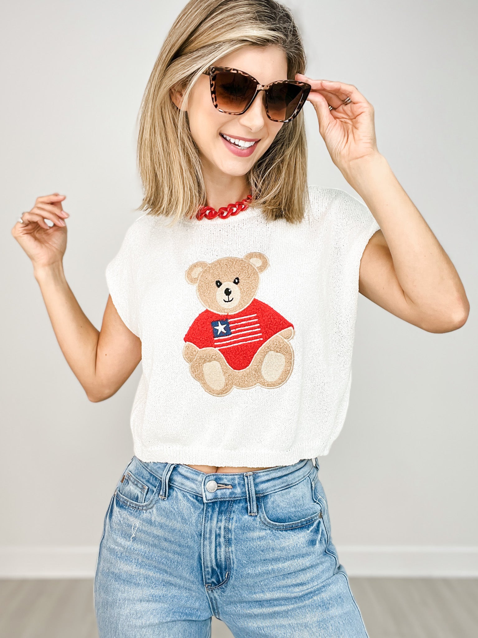 Dolman Lightweight Sweater Top with American Flag Teddy Bear